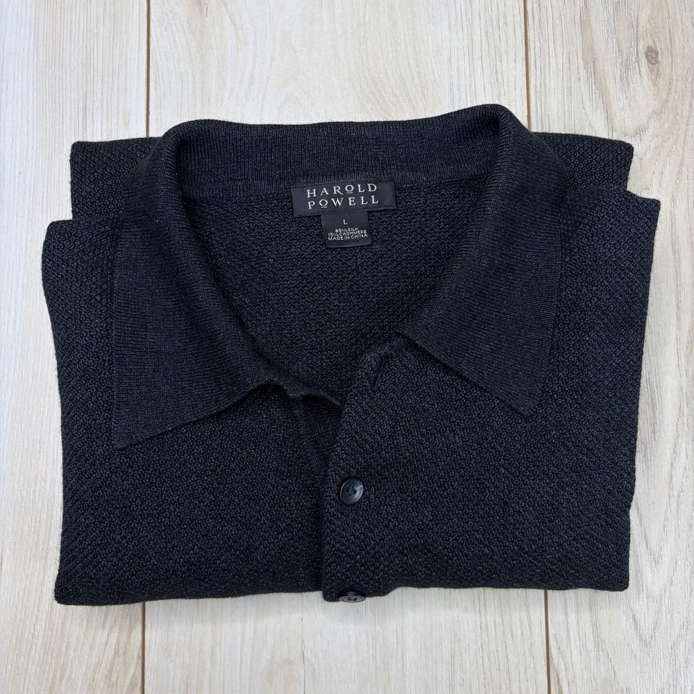 HAROLD POWELL CASHMERE SILK Knit Polo Long Sleeve Mens Large Charcoal Black - Picture 1 of 8